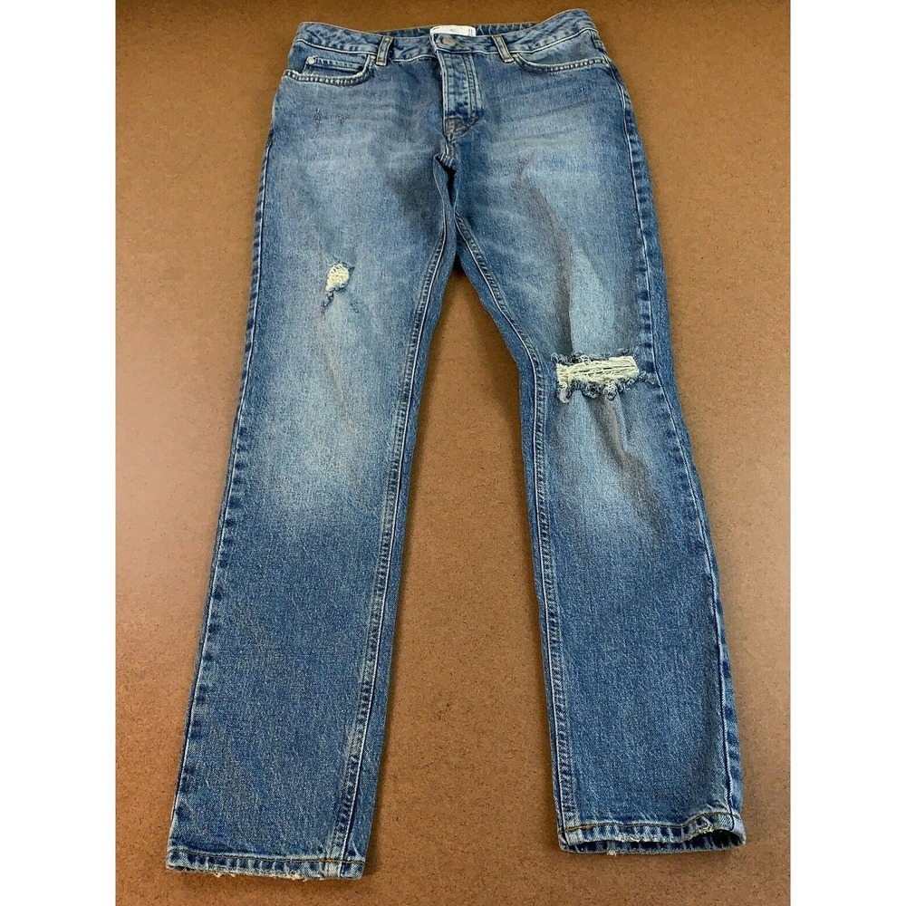 Asos Design Mens Size 30 x 30 Distressed Button Fly Blue Jeans